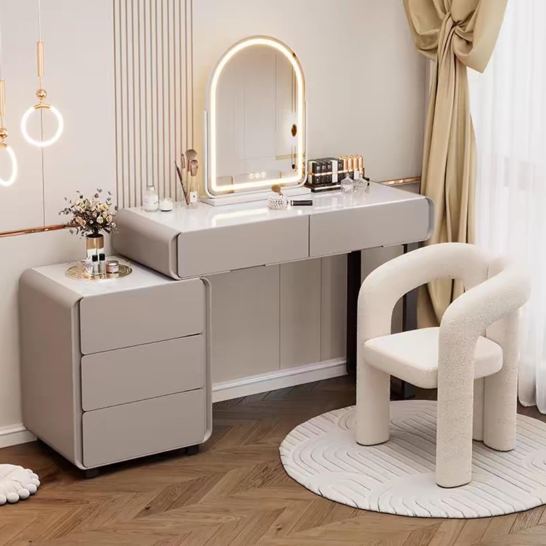 asdchZen Led Mirror Touch Dimming Vanity Table Set With Color Changing Lights Stylish Dressing Desk For Women & Girls Includes Nightstand-Walnut Finish