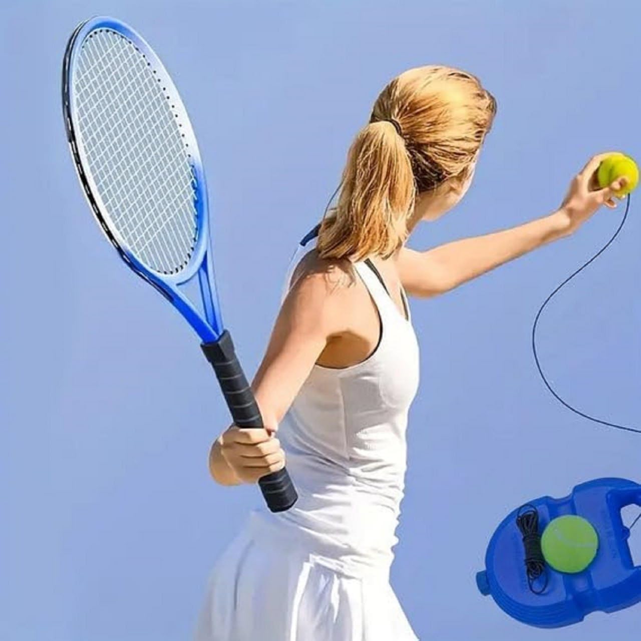 Solo Tennis Training Tool with Self-Study Rebound Ball, Blue Base with Tennis Ball and Rope-image-14