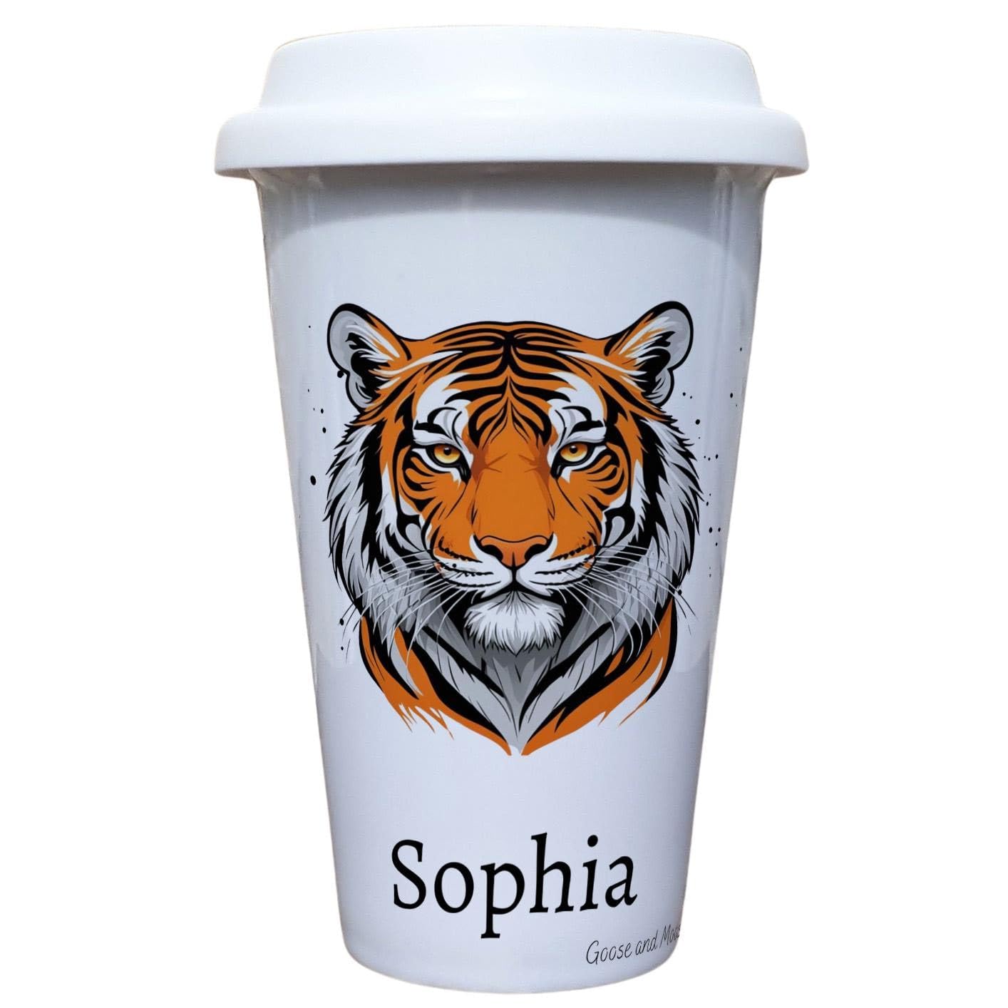 Personalised Tiger Travel Mug, Gift for Safari Lover, Thank you present for Zoo Animal Lover, Hot Drinks Flask, Insulated Coffee Cup