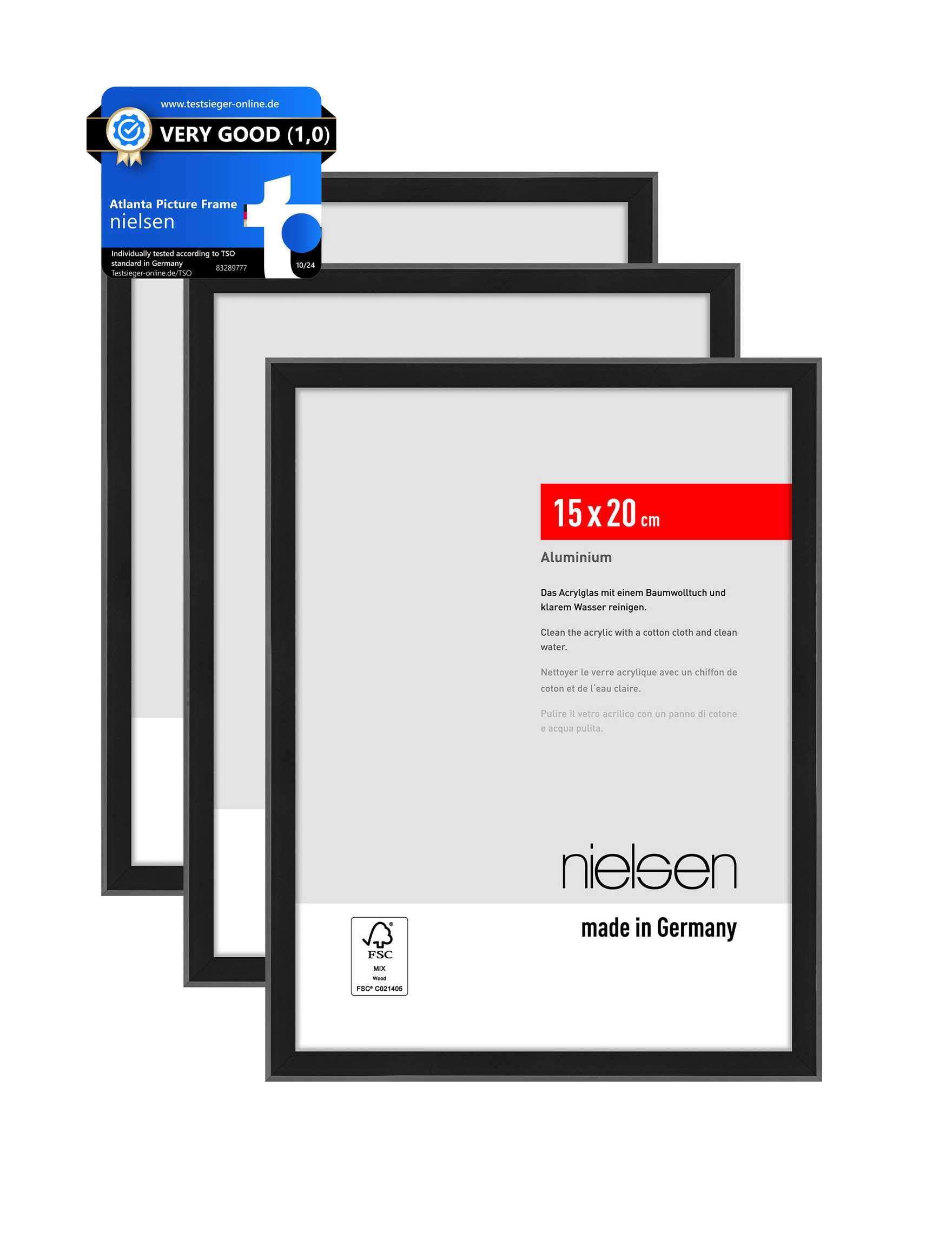 Nielsen Frosted Black Atlanta Aluminium Picture Frame - 15X20cm (Pack Of 3) - With Synthetic Glass And Push-Turn Clips