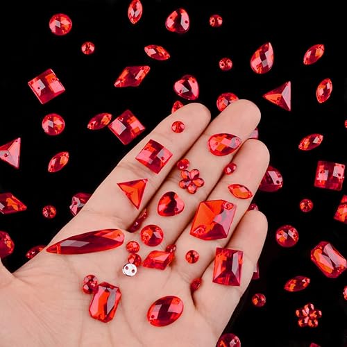 Miniatura 4 de 500 gemas de acrílico con parte trasera plana, formas mixtas de cristal, para coser en ropa, cuentas de costura (rojo)