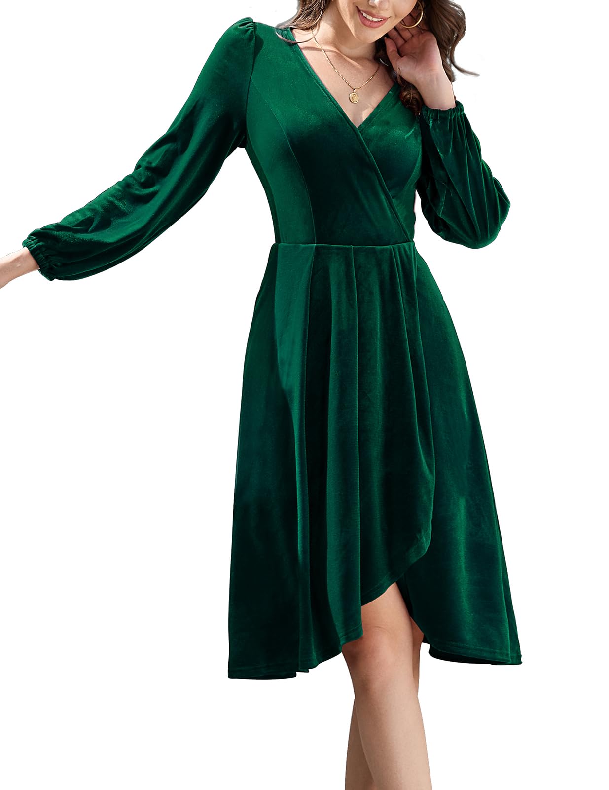 Meetjen Women's V Neck Velvet Formal Long Sleeve Dresses Flowy Fall High Low Elegant 2025 Midi Winter Cocktail Party Dress