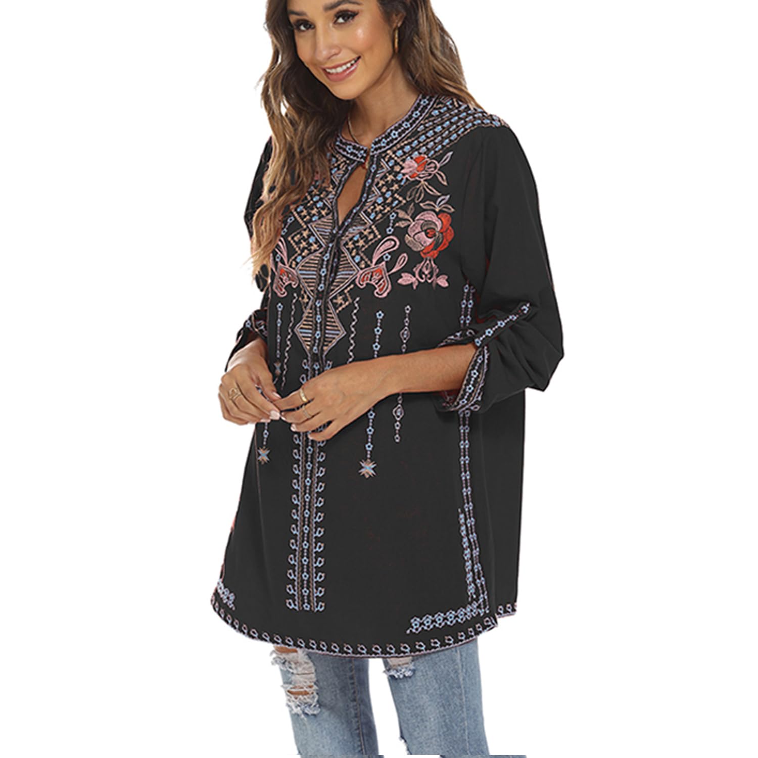 Bluse Stickerei Damen,Folklore Bluse Damen Stickerei Mexiko,Langarm Hippie Kleidung Boho Rundhalsausschnitt Blouse mit Blume Stickerei