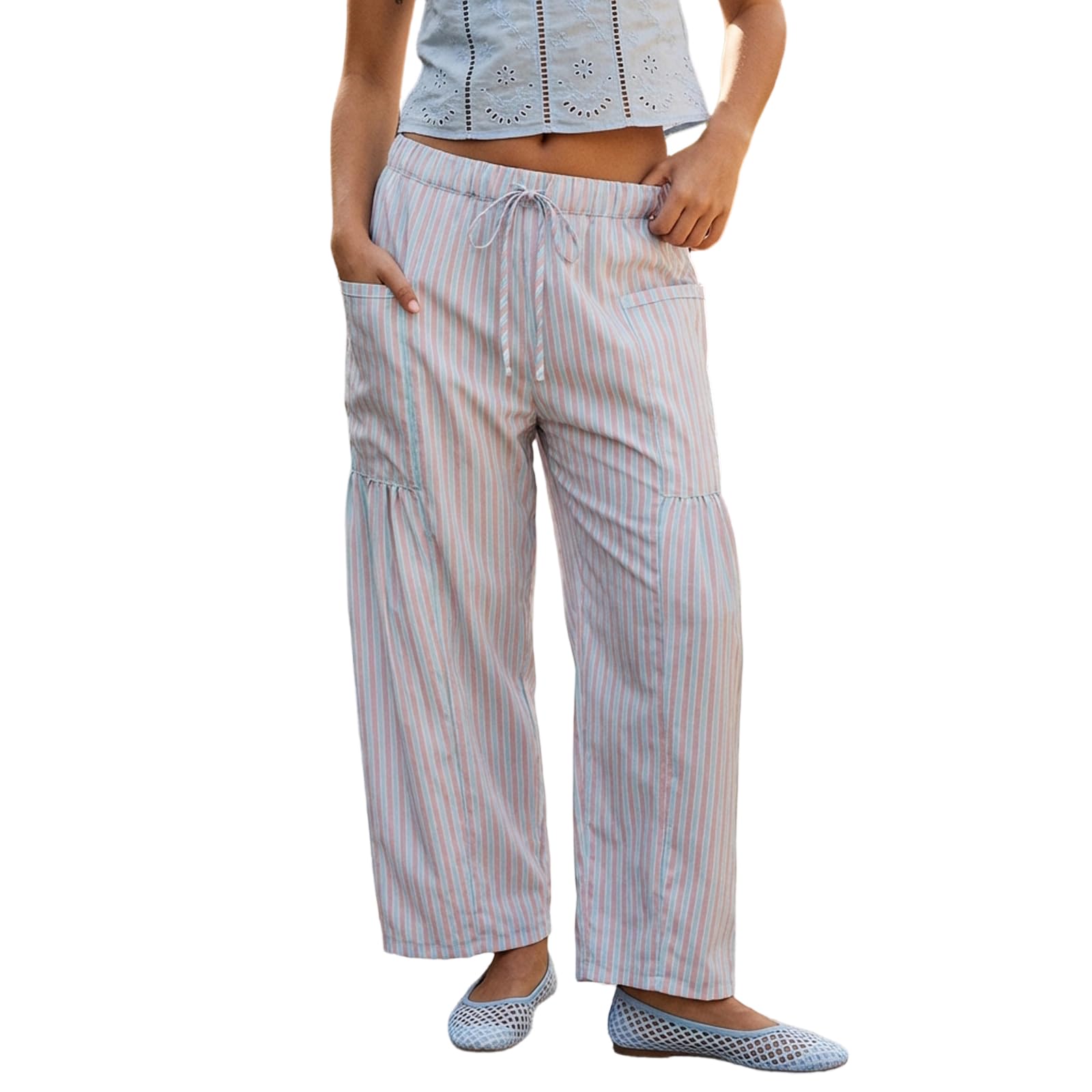 Sexy Outfit Pantalon Sarouel rayé en Coton et Lin pour Femmes, Ample, Jambes Larges, Cordon de Serrage, Pantalon de Plage avec Poches, vêtements de détente d'été