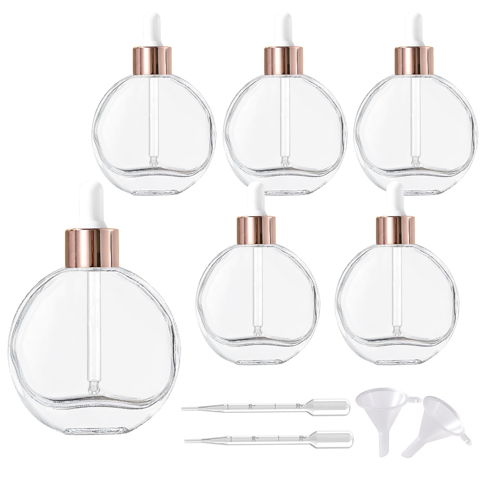 Botellas con cuentagotas transparentes de 2 onzas, 6 botellas de vidrio redondas transparentes con cuentagotas para ojos, para sueros de perfume, aceites para el cabello y otros líquidos (tapas