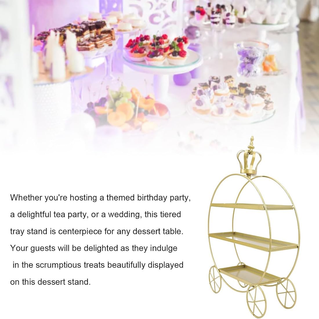 Soporte para pasteles con forma de carruaje corona de 3 niveles, bandeja para servir dulces y galletas de varios niveles, expositor de torre de postres con tazas gruesas para pasteles (Gold)