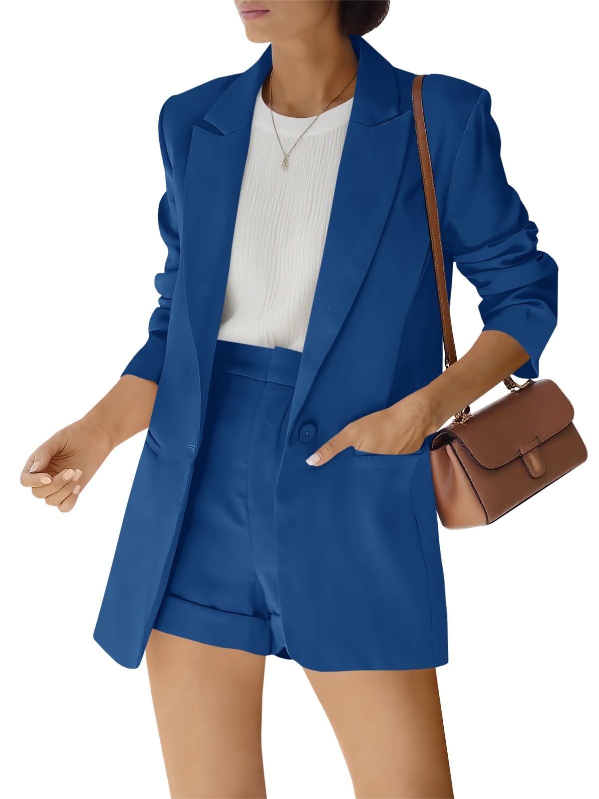 Women's 2 Piece Open Front Long Sleeve Blazer and Solid Short Pants Suit Sets