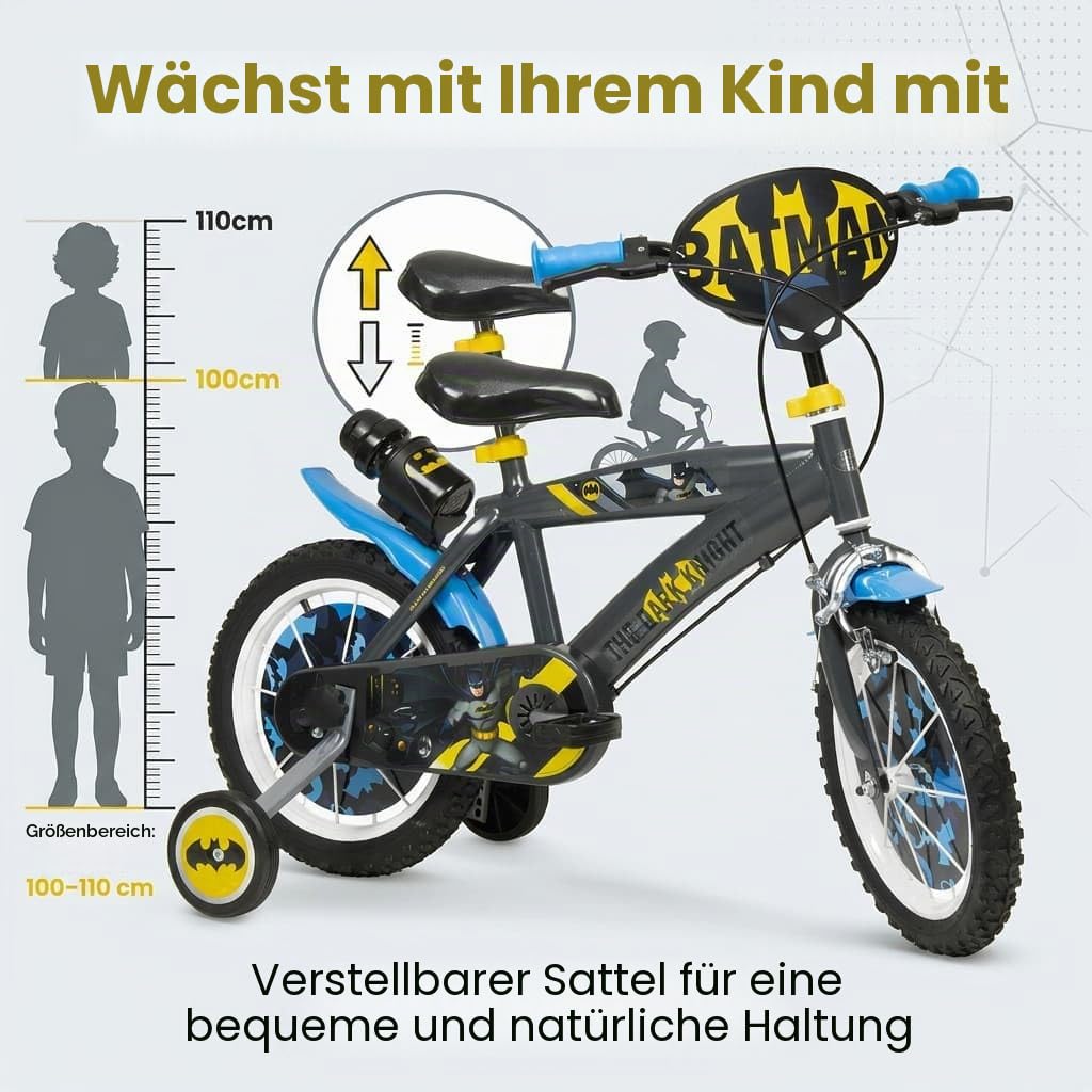 Toimsa Kinderfahrrad Batman 14 Zoll Schwarz/Blau/Gelb | Felgenbremse Trommelbremse Stützräder Speichenschutz Trinkflasche | Alter 4-6 Jahre