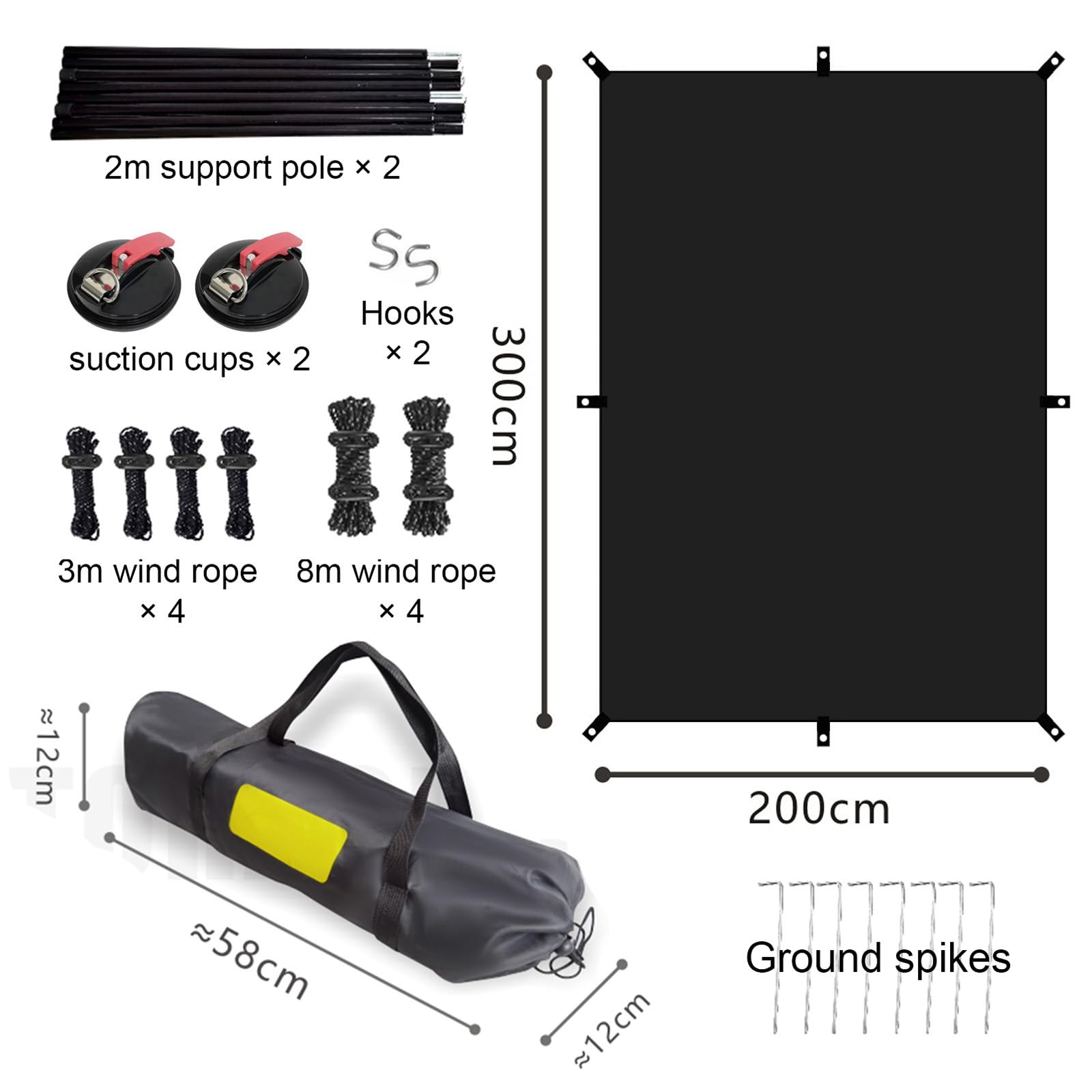 Tenda da campeggio per auto, tenda da campeggio, pieghevole, per auto, furgoni e camion, kit baldacchino portatile con ventose, picchetti e aste regolabili, 2 x 3 m