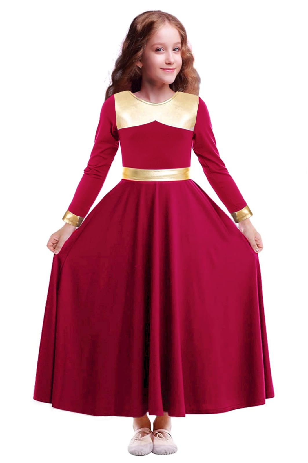 YrsZX Women's Praise Dance Dress Leaf Gold Metallic Long Sleeve Liturgical Worship