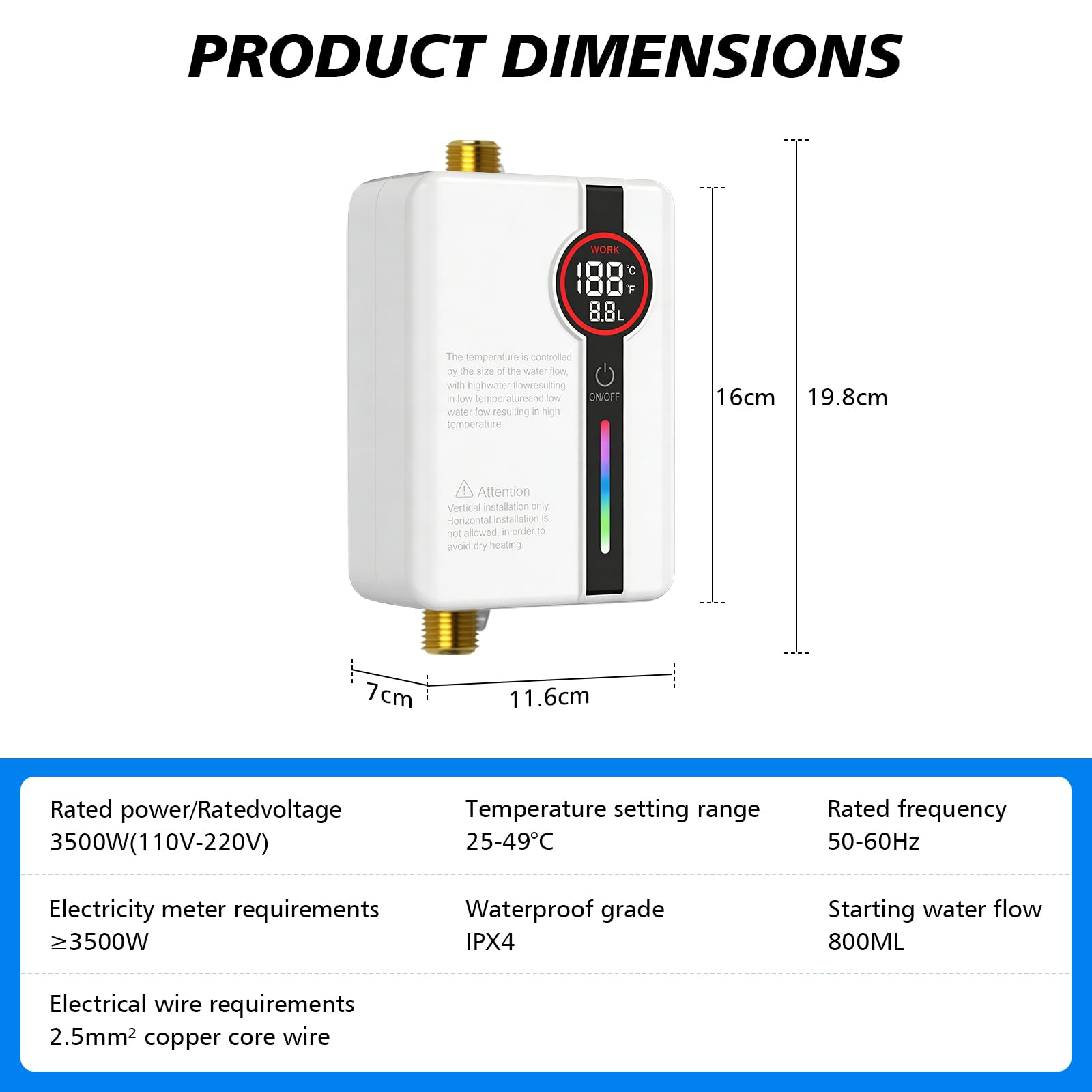 Scaldacqua istantanea elettronico, 3500 W 220V Scaldacqua Istantaneo a Parete Mini Scaldabagno Istantaneo Elettrico con Display LED Della Temperatura, scaldabagno elettrico per Cucina e Bagno