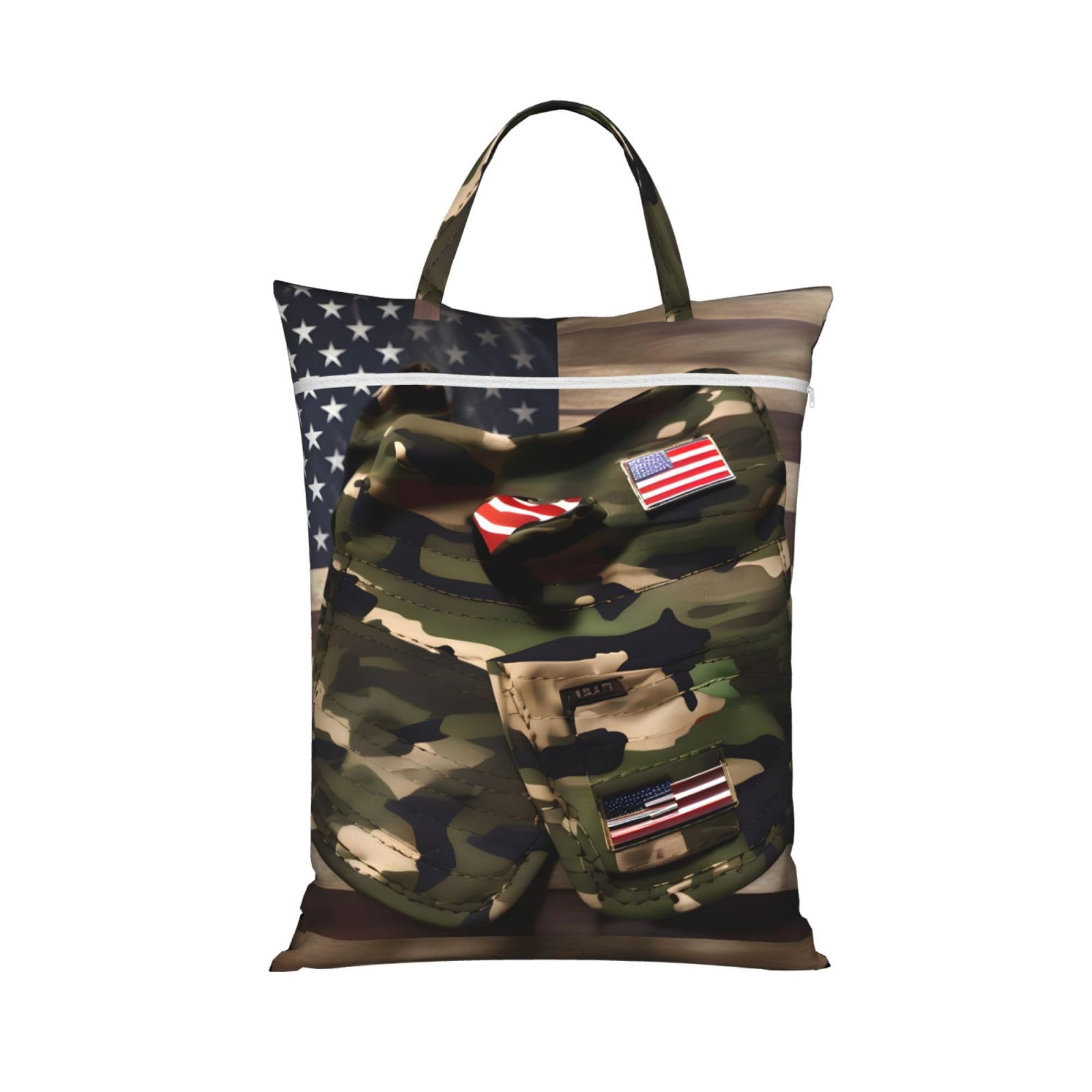 Pphgut 1 Pc Camo American Flags Print Travel Laundry Bag Portable Dirt Clothes Bags Daily Hiking Camping Vacation
