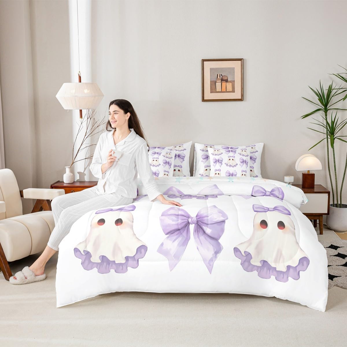 Erosebridal Gothic Spooky 7 Pcs Bedding Set Purple Bowknot Ghost Queen Comforter Set for Boys Girls Kids Coquette Bow Halloween Bed in A Bag with Flat and Fitted Sheet Cartoon Kawaii Bed Set