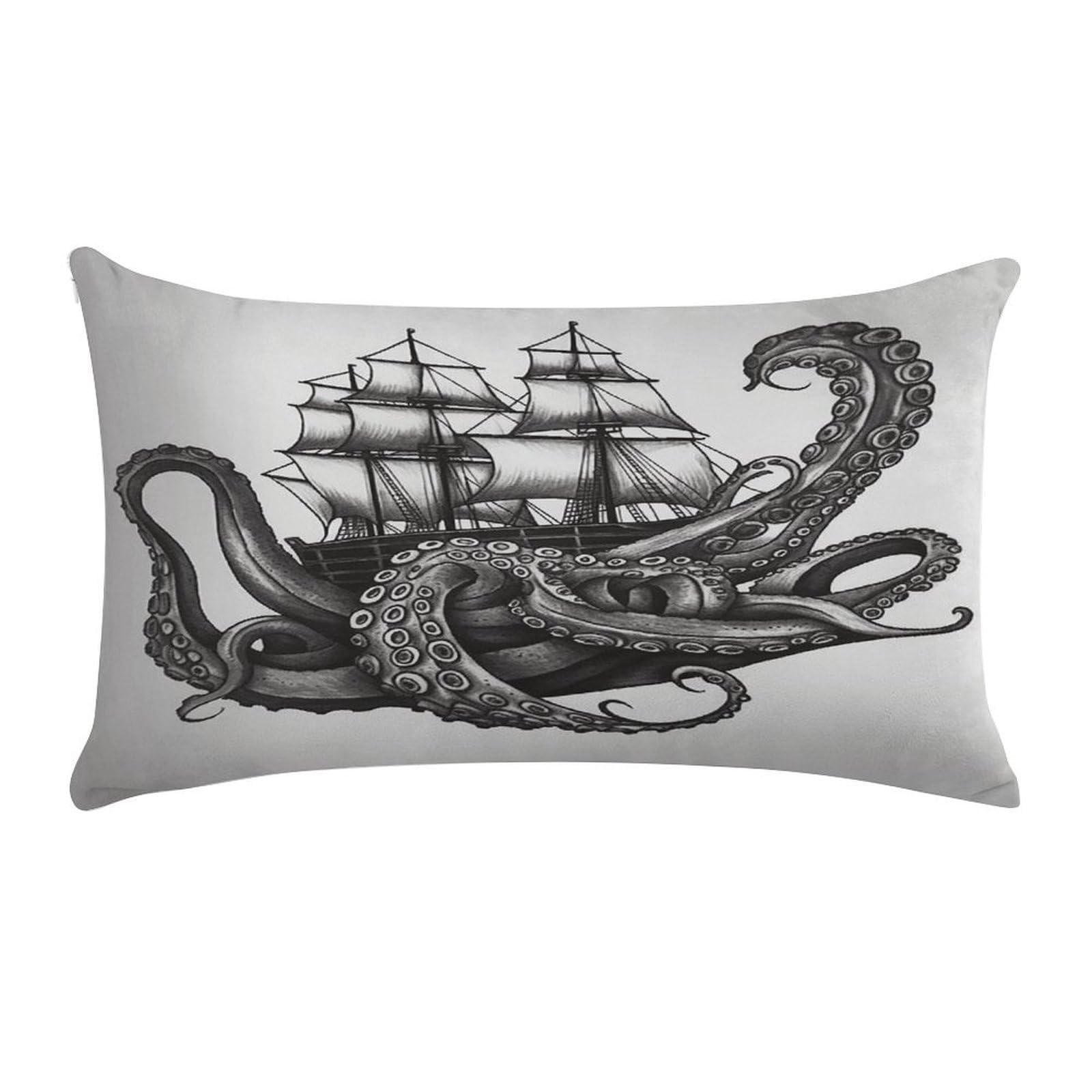 VstaDank Black and White Octopus and Ship Throw Pillow Cover Rectangular Lumbar Throw Pillow Case Soft Farmhouse Accent Decorative Cushion Cases Short Plush Pillowcase with Zipper 12 X 20 Inch