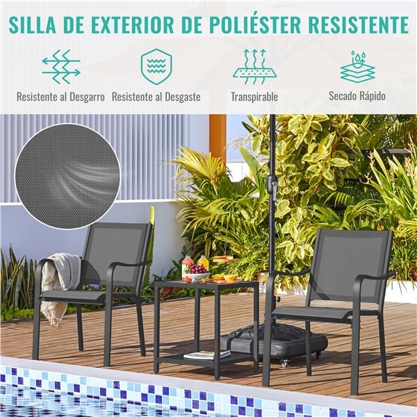 Yaheetech Juego de 6 Sillas de Jardín de Poliéster con Respaldo y Reposabrazos Sillas Terraza Exterior Apilables 67x56.5x86.5 cm, Carga 136 kg Gris