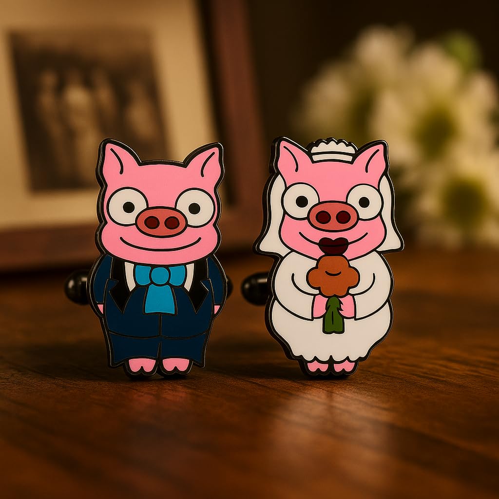 Gemelos de Cerditos Novio y Novia para Camisa Formal | Diseño divertido de pareja de cerdos para bodas, eventos formales, celebraciones, trajes y camisas elegantes