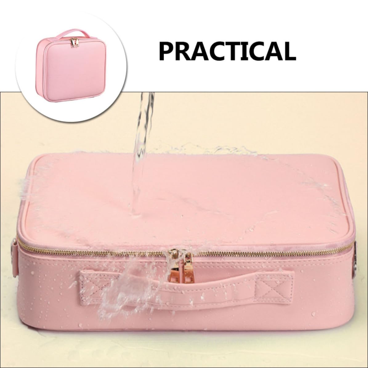 Neceser de Maquillaje Portátil Grande en Cuero PU Rosa con Divisores