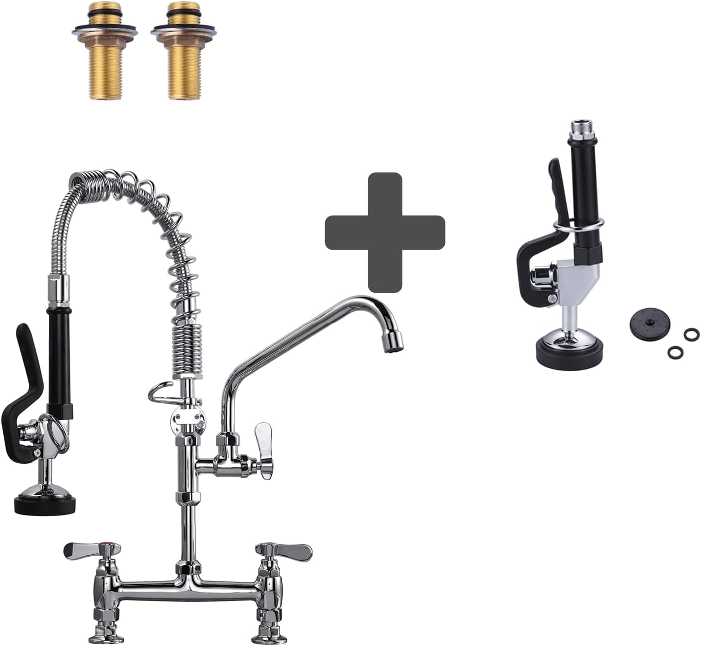21” Deck Mount Commercial Kitchen Faucet & Black Pre Rinse Sprayer for Commercial Restaurant Kitchen Sink Faucet kit