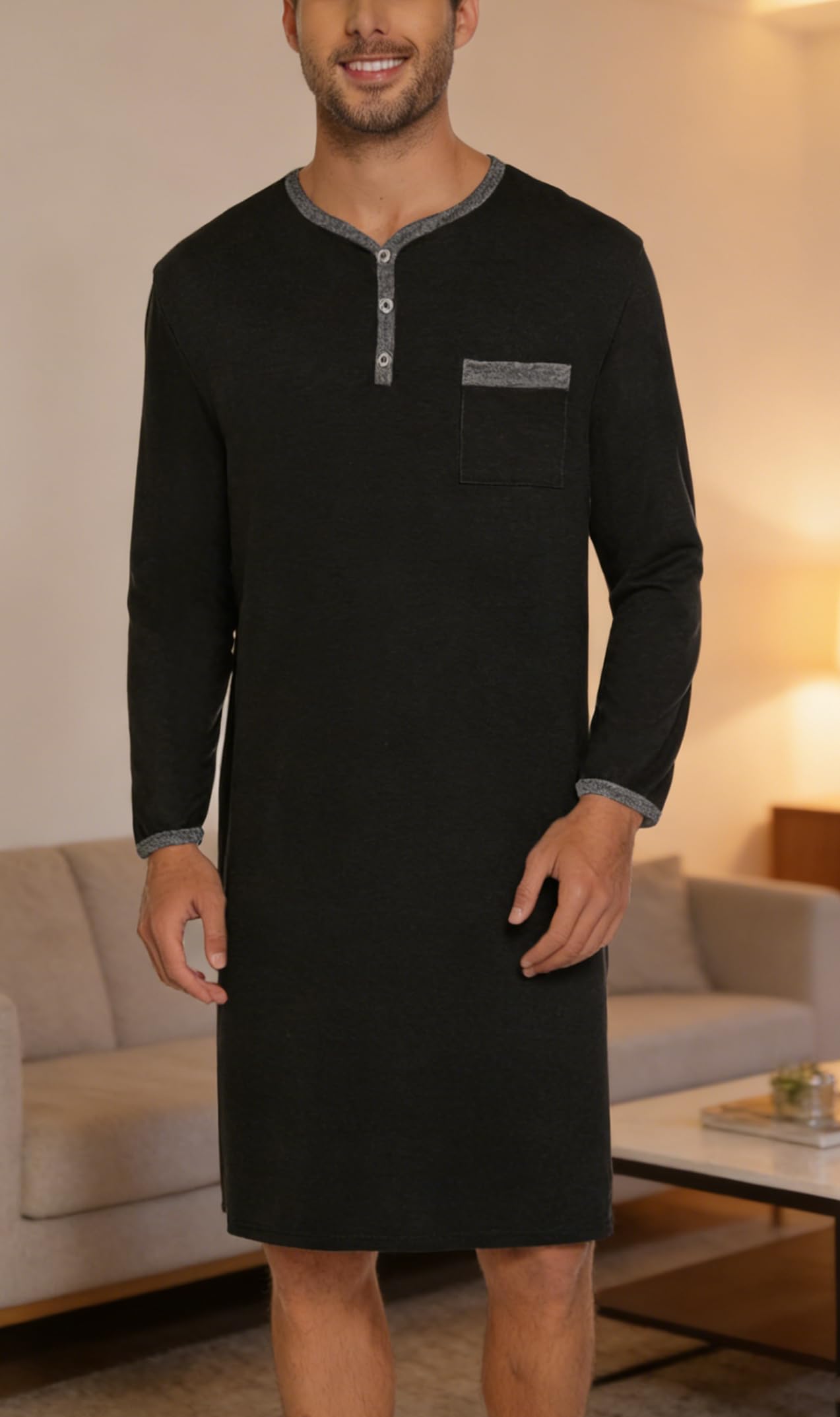 Chemise de Nuit Homme Coton Pyjama Manches Longues Manches Courtes Hauts de Pyjama Homme Tee-Shirt Long Col Rond avec Boutons Vêtements d'Intérieur T-Shirt Grande Taille Douce Confortable