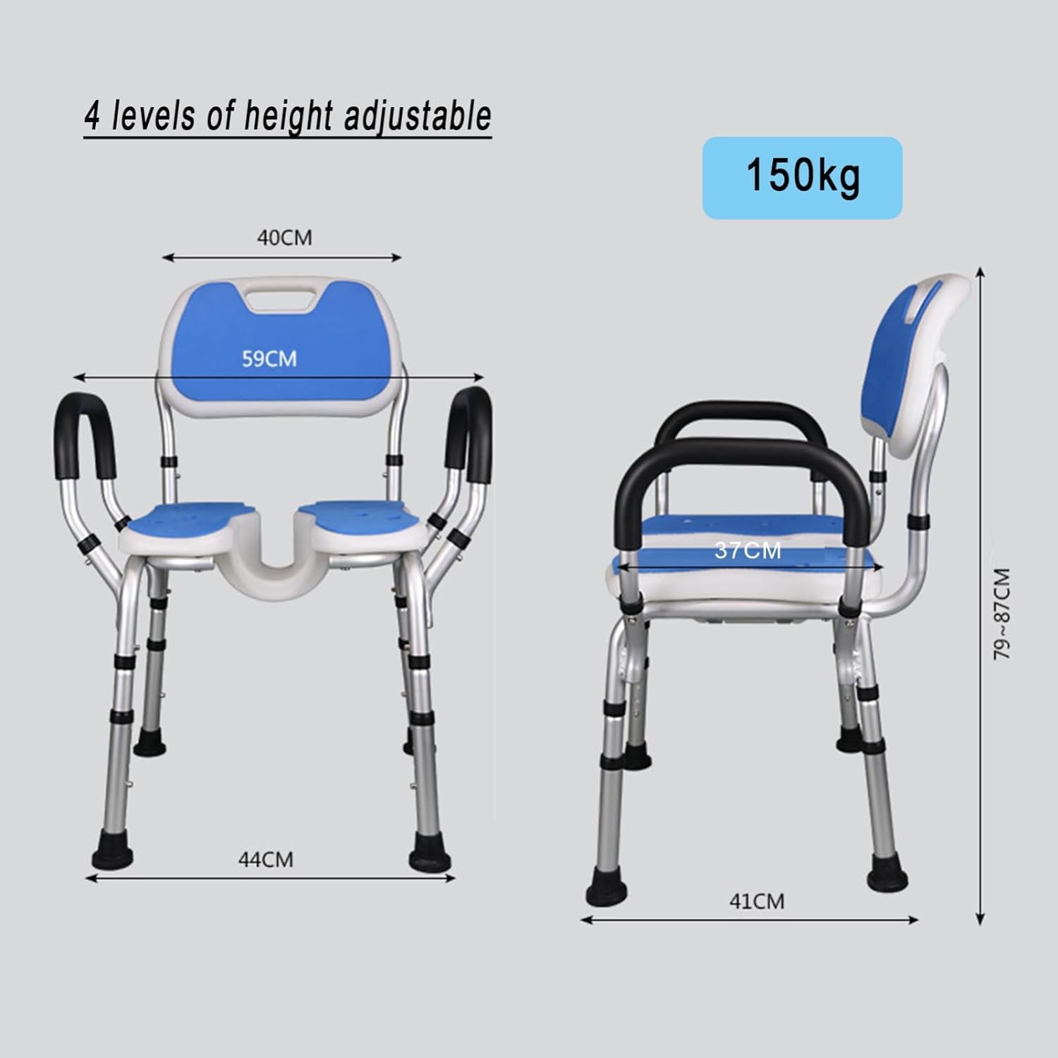 Silla de Ducha con Brazos y Respaldo extraíbles,Taburetes de Ducha en Forma de U for Personas Mayores discapacitadas,4 sillas de bañera Antideslizantes de Altura Ajustable con cojín