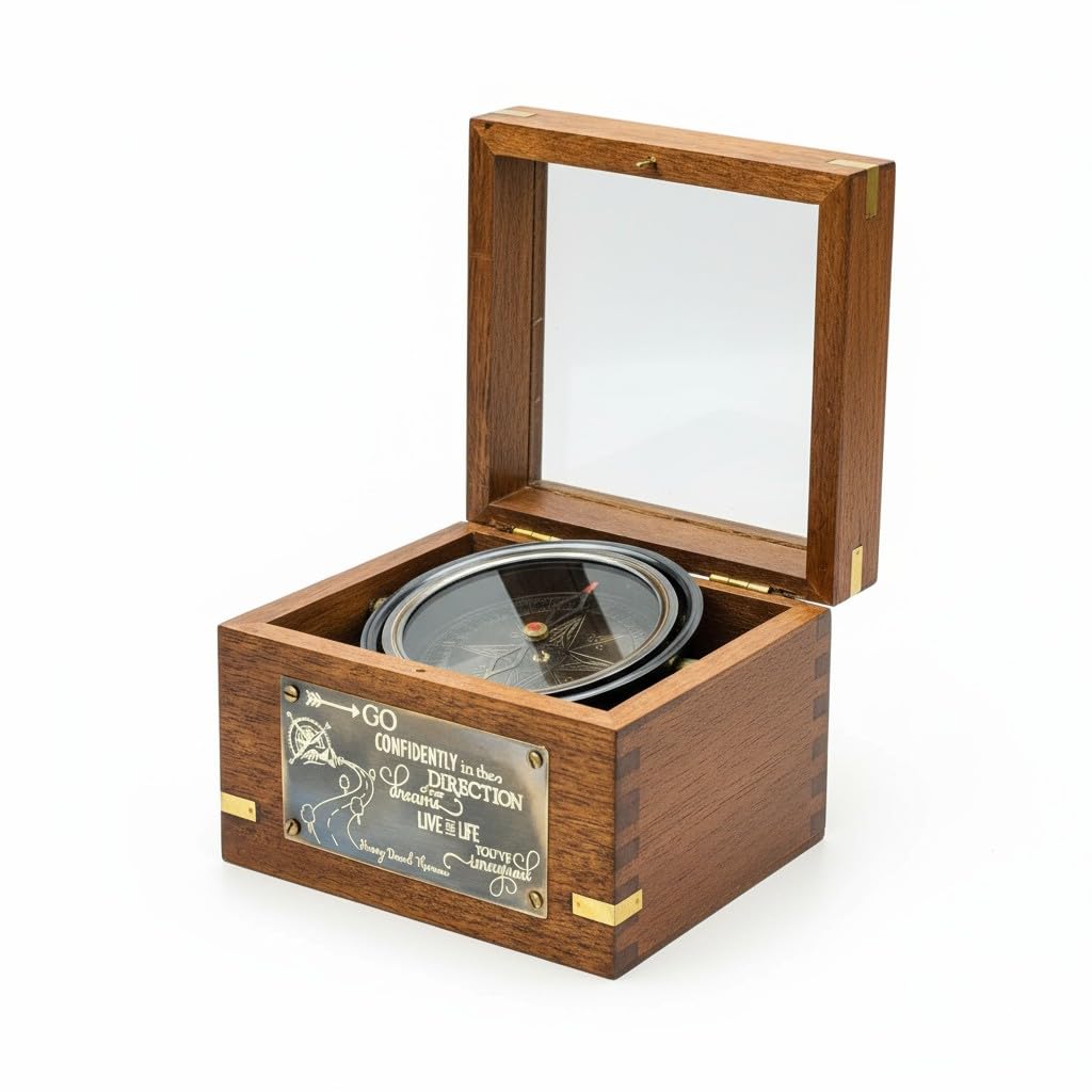 Personalised Brass Gimbal Compass with Custom Engraving Vintage Style Compass in Wooden Box Gift for Son, Grandson, Dad Graduation, Retirement, Baptism, Birthday (Go Confidently in The Direction)