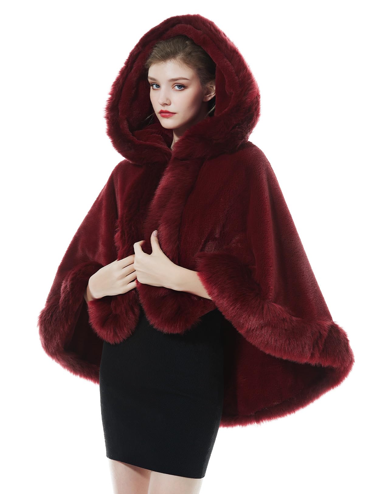 BEAUTELICATE Womenโs Hooded Cape Coat Faux Fur Cloak Warm Shawl Wrap Shrug For Winter Wedding Evening Bride Bridesmaids Halloween Christmas Cosplay Costume, Burgundy