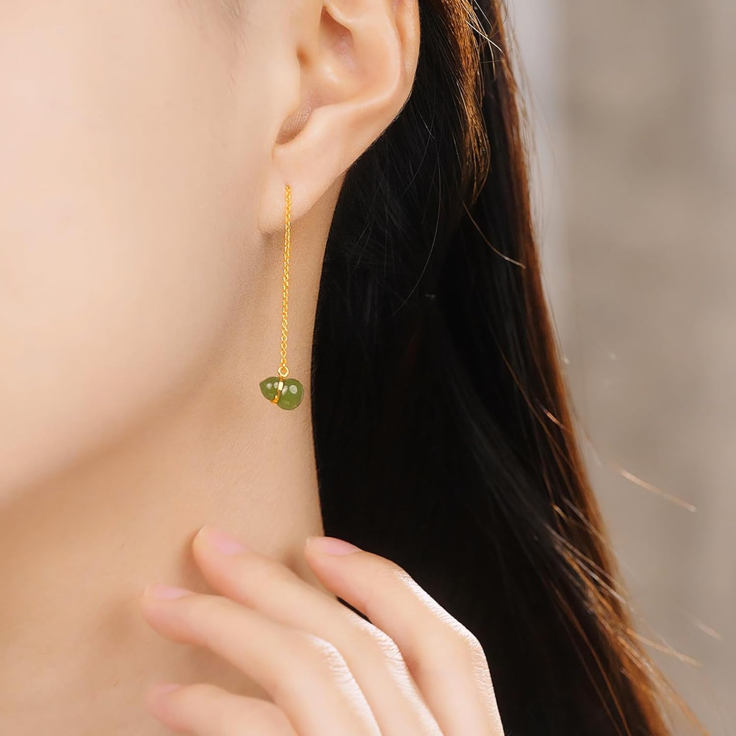 24K Solid Gold Threader Earrings Elegant Green Jade Gourd Dangle Earring Drop Earrings for Women Mom Daughter Birthday Anniversary Y0914800