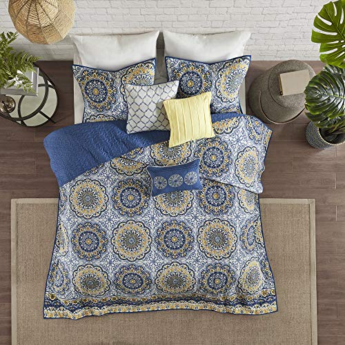 Madison Park Tangiers Quilt Modern Classic Design All Season, Breathable Coverlet Lightweight Bedding Set, Matching Shams, Decorative Pillow, Full/Queen(90"X90"), Circle Blue 6 Piece #TOP1