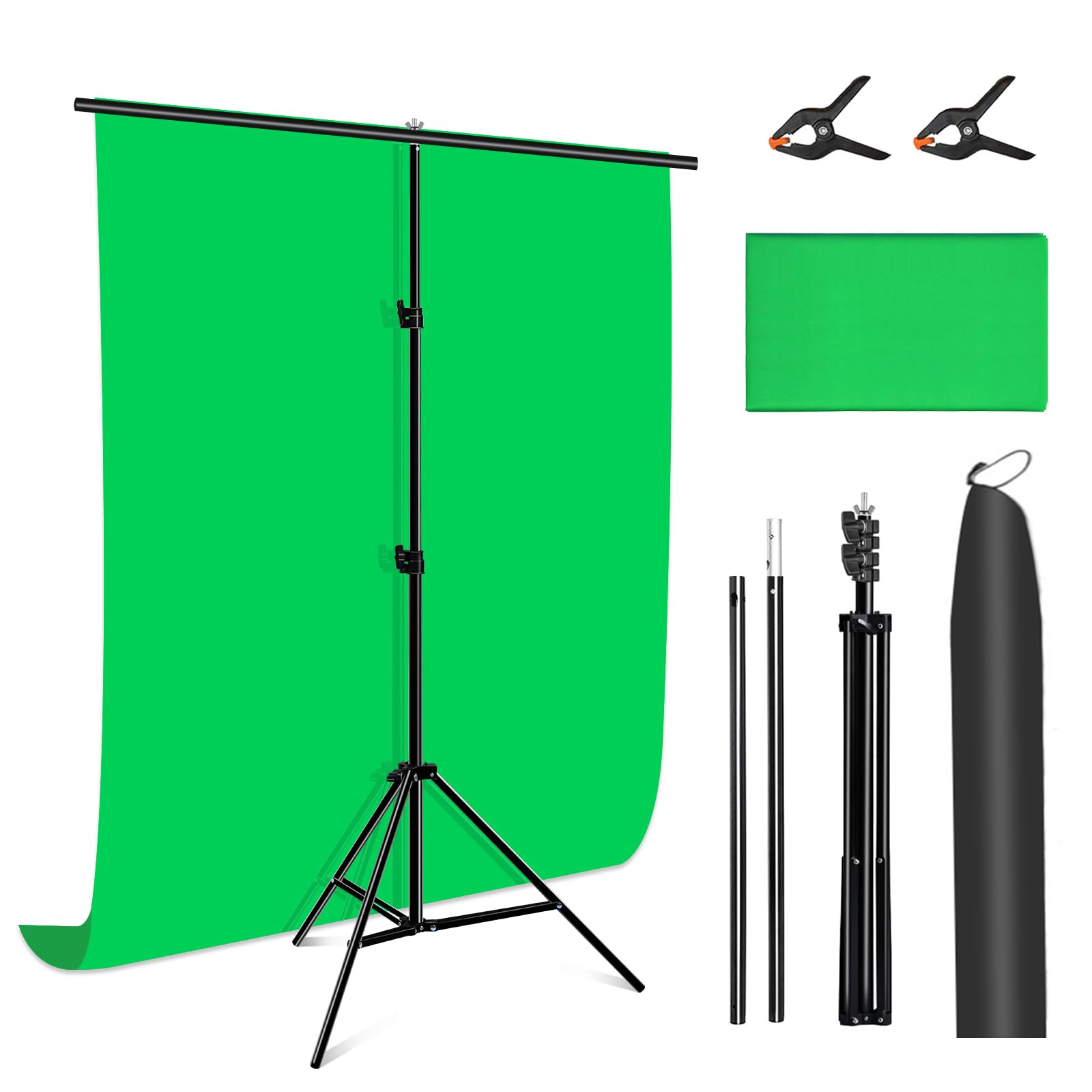 Green Screen Backdrop Kit with Stand, PULUZ 3.2x6.5ft Portable GreenScreen Background Stand, T-Shape Green Screen Stand kit with Clamp Carrying Bag