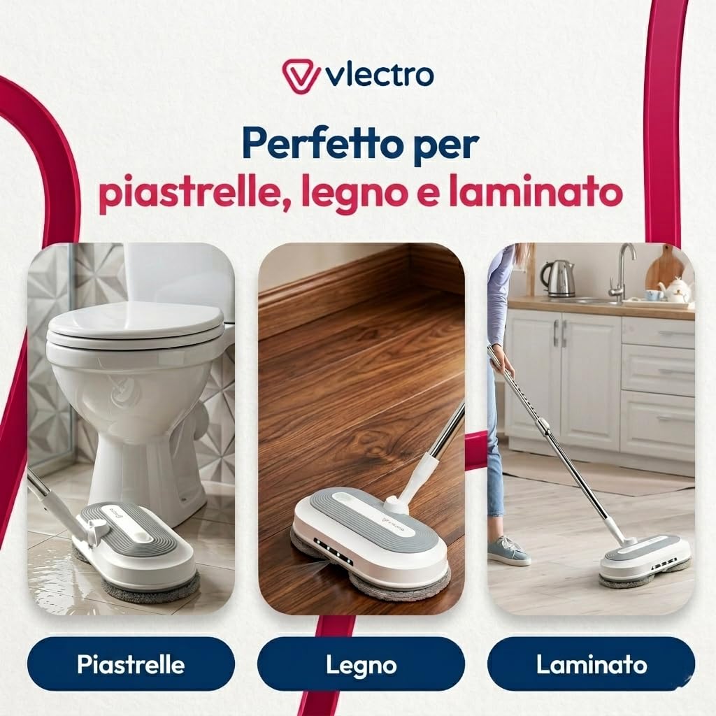 Mocio Elettrico Lavapavimenti Senza Fili | Doppia Rotazione, Testa 180°/90°, Acqua Spray, Luce LED, Per Parquet, Piastrelle e Superfici Dure