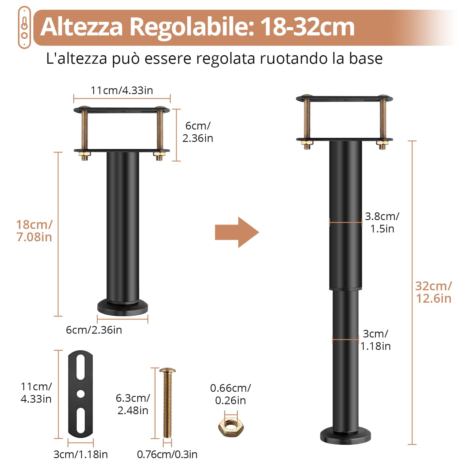 Kamtop 4 pz Piedi per Letto Piedini Regolabili da 18-32cm Gambe per Mobili in Acciaio Capacità di carico 500 lb Protezione e Stabilità per Mobili Gambe per Letto Tavolo Divani Nero