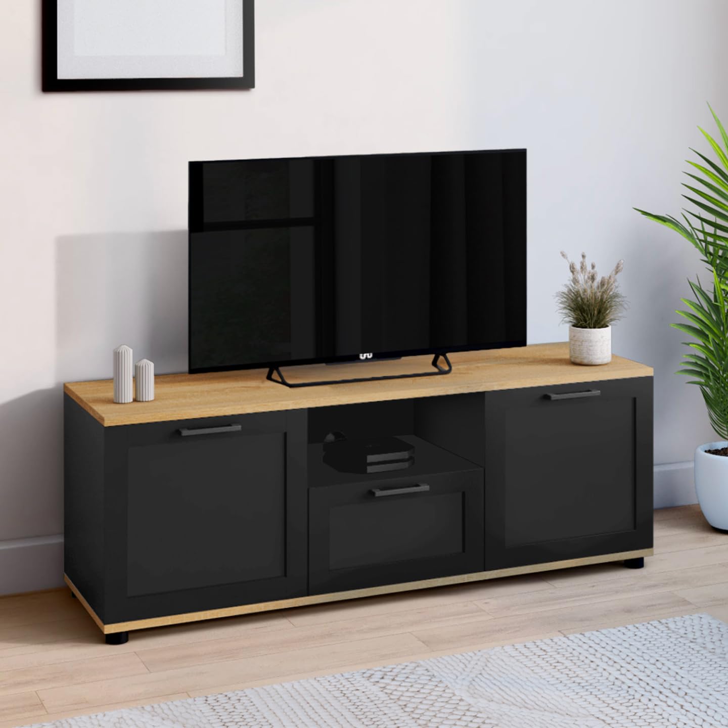 IDMarket - Mueble TV VITO con cajón y hornacina negros y tapa de madera de 110 cm