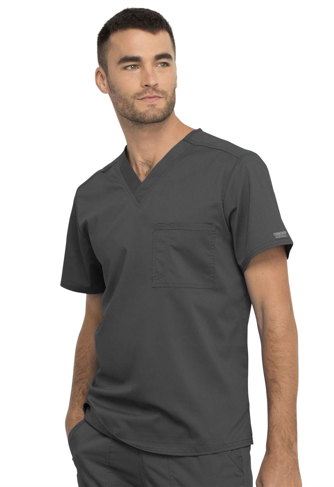 Cherokee WW625 - Conjunto de ropa quirúrgica para hombre y mujer con cuello en V y pantalón de pierna cónica con cordón, WW020, peltre, parte superior L / pantalón alto L