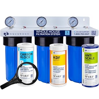 Aquaboon 3-Stage Whole House Water Filtration System with 5 Micron 10x4.5 Anti-Scale Reducing Sediment, KDF Heavy Metals and Carbon Chlorine Reduction Water Filter Purification, Wrench, Bracket