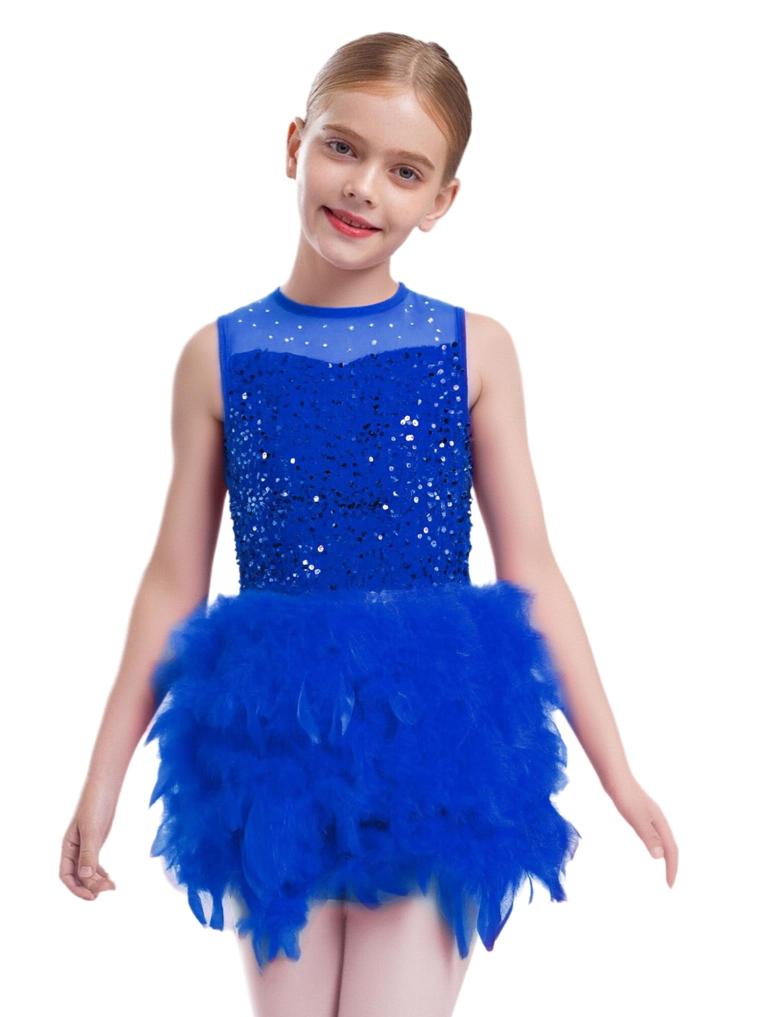 Oyolan Vestito Ballo Bambina Corpo Corpo Tutu in Piume E Strass Senza Maniche Costume Danza Latina Moderno E Jazz