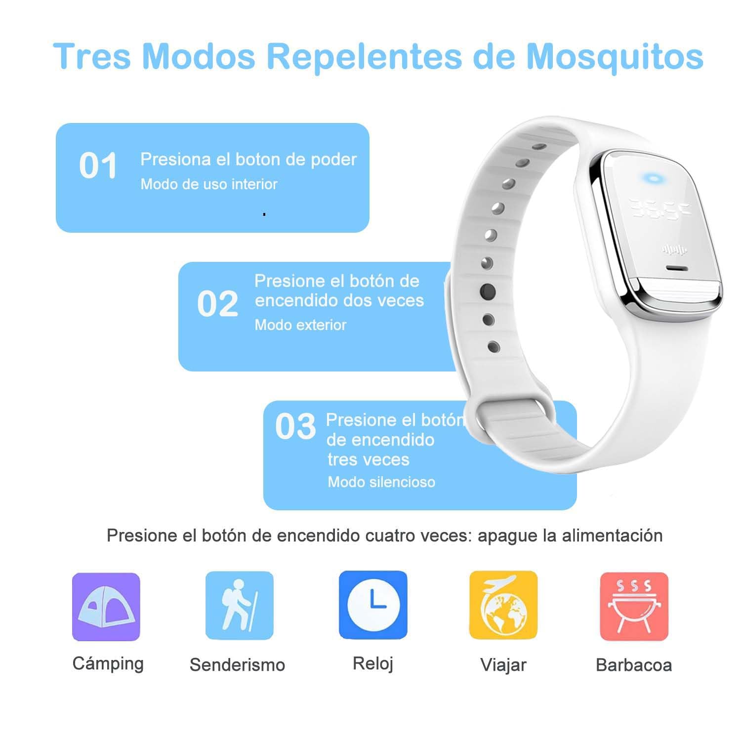 Pulsera Repelente de Mosquitos Ultrasónico Recargable USB Impermeable con Pantalla de Temperatura Corporal Blanco