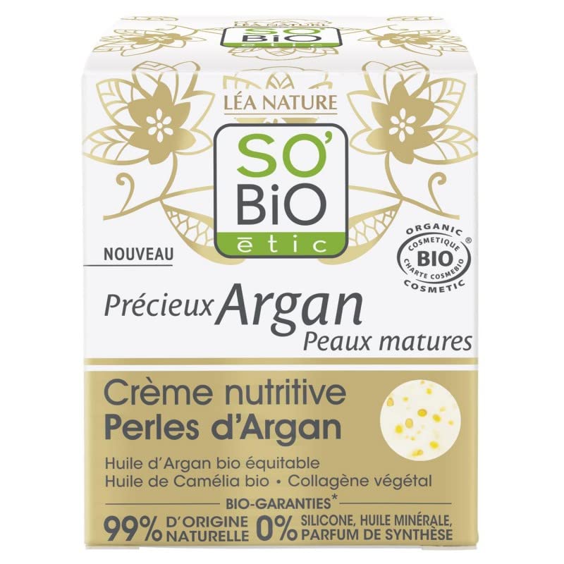 SO'BIO - Crème Nutritive Perles D'Argan pour Peaux Matures - 50mL : Hydratation et Nutrition Intense pour un Teint Éclatant - Soin Visage Naturel et - Vendu Par Unité