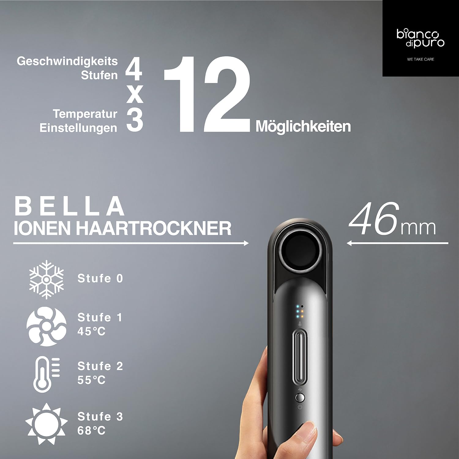 bianco di puro® Ionen Haartrockner Bella - 1200W Hochgeschwindigkeits Föhn, 110,000 U/min, DC Motor, 340g, Perfekt für zu Hause und auf Reisen - Future Grey