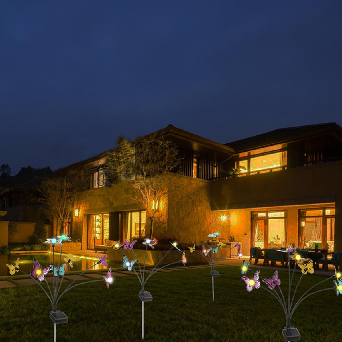 Luce da Giardino Solare a Farfalla 2 Pezzi in Acciaio Inox e Abs | Lampada Solare da Giardino Decorativa, 8 Farfalle, Illuminazione Continua 6-12 Ore