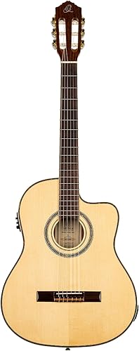 Miniatura 3 de Ortega Guitars 6 cuerdas Family Series Pro Solid Top Thinline Guitarra clásica de nailon acústico eléctrico con bolsa, derecha, completa (RCE145NT)