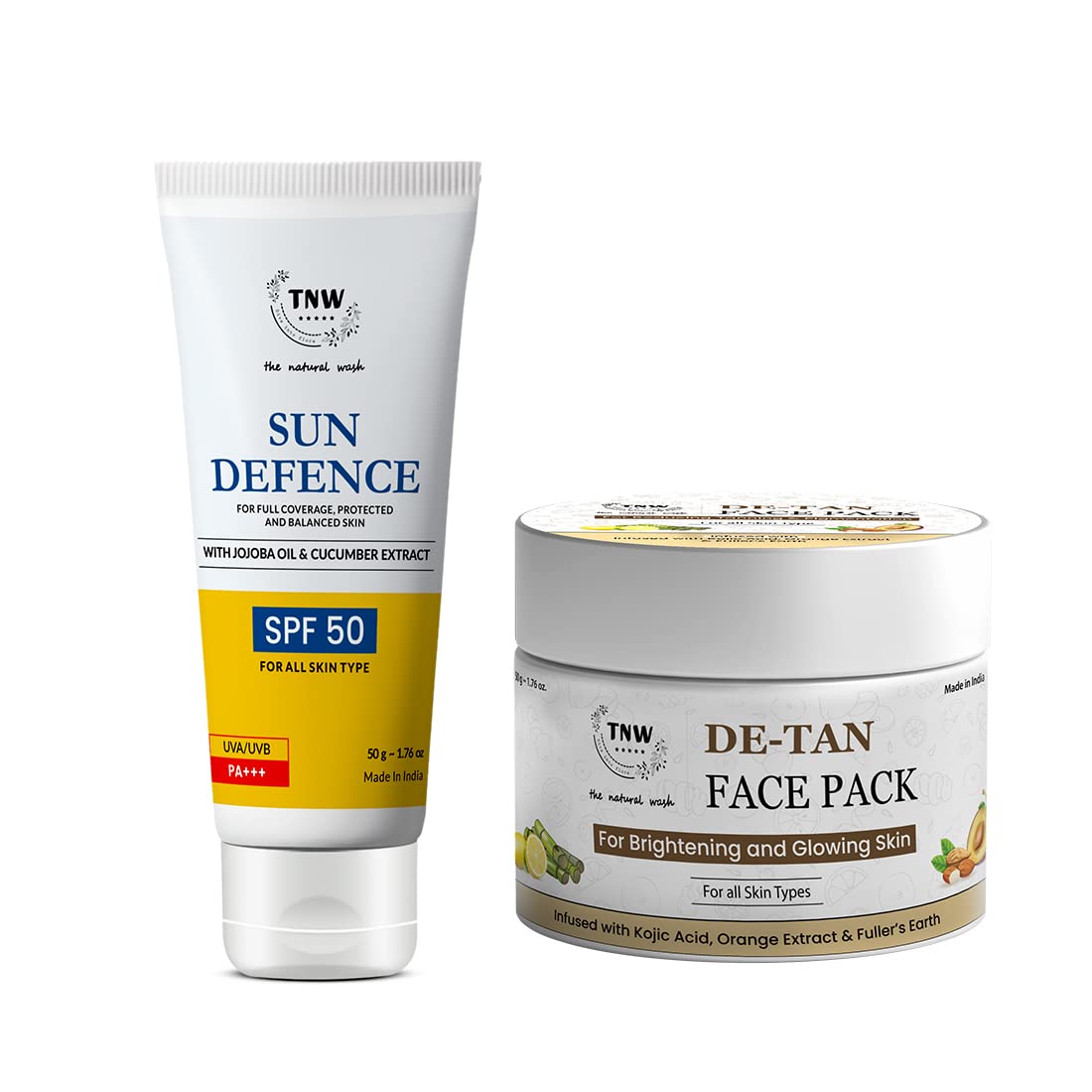 TNW-The Natural Wash De-Tan Face Pack & Sun Defense for Tanning & Pigmentation | With Sugar Cane Extract & SPF 50 | Skincare Combo for Healthy Skin