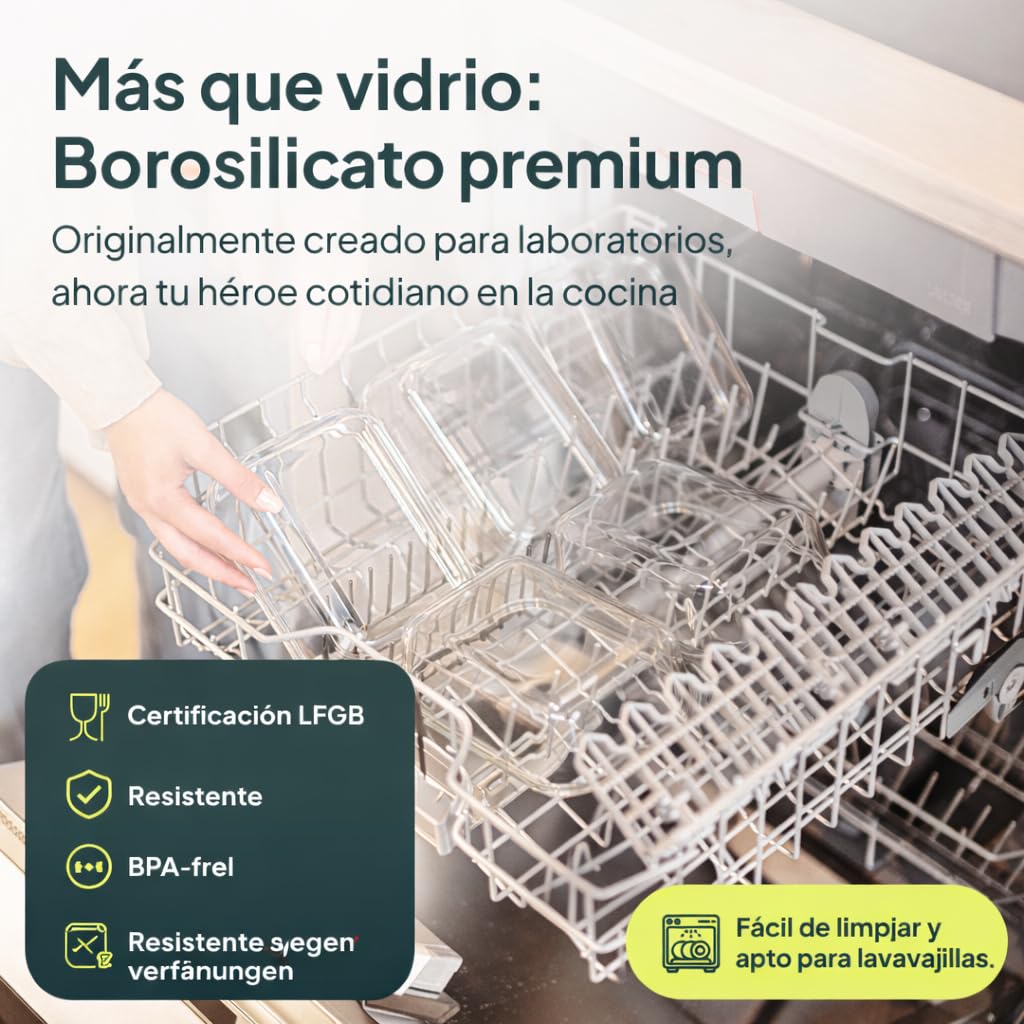 uandu Set de 10 Recipientes Herméticos de Cristal con Tapa para Alimentos, Vidrio Borosilicato, Fiambrera Meal Prep, Sin BPA, Apto Microondas, Horno y Congelador