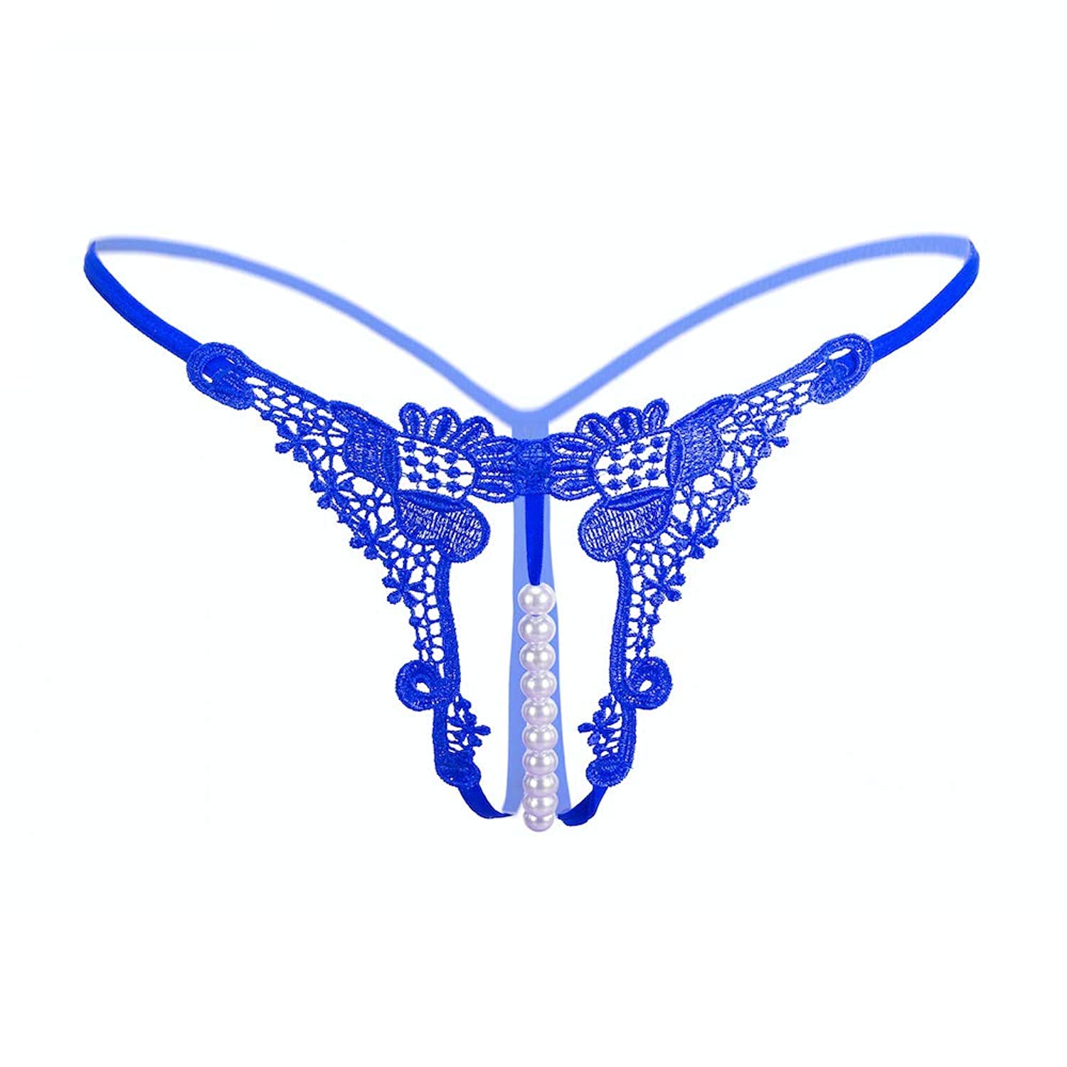 Sexy Lingerie for Women G-string with Pearl Embroidery Lace Low-waist Open Crotch (Blue)