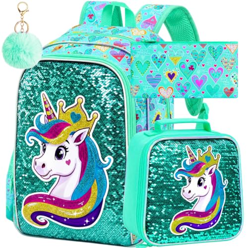 Image of 3Pcs Unicorn Backpack for Girls, 16 inch Sequin Bookbag Set for Kids, Elementary Preschool Preschool School Backpacks with Lunch Box (Green)