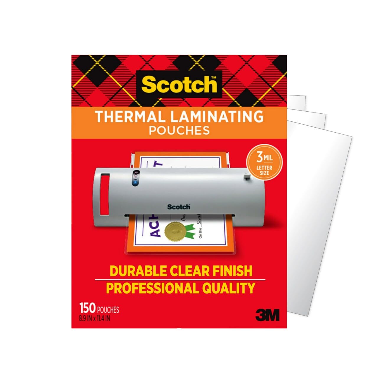 Scotch Bolsas de laminación térmica, 8.9 x 11.4 pulgadas, 3 mil de grosor, paquete de 150, transparentes (TP3854-150)