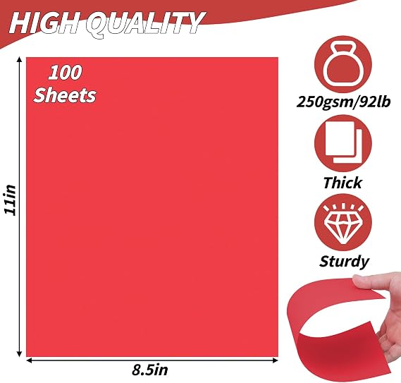 100 Sheets Red Card Stock 8.5 x 11in,250GSM 92lb Red Cardstock Card Stock Construction Paper,Heavy Weight Printer Paper for Invitations, Stationery Printing, Scrapbooking,Crafts, DIY Cards
