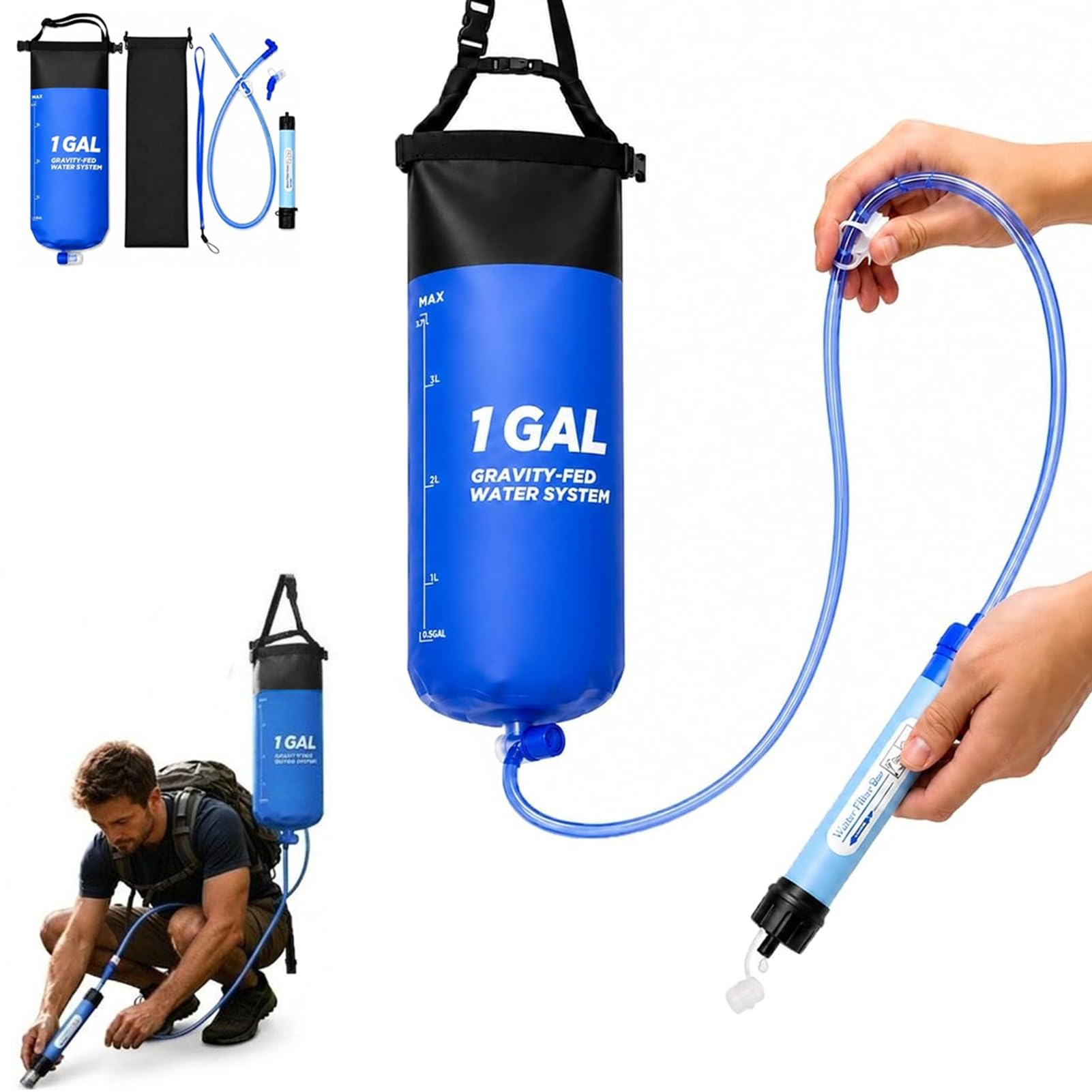 Gravit-y-Fed Water Filter with 3L Reservoir Bag, Portable Survival Water Purifier for Camping, Hiking, Backpacking and Emergency Preparedness, High-Flow Filtration System for Outdoor Wilderness Gear