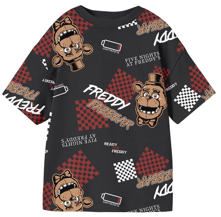Five Nights at Freddy's Low Battery & Checkered Squares All-Over Print Youth Black Crew Neck Short Sleeve T-Shirt
