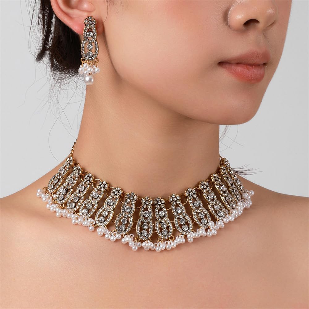 NewZenro CZ Flower Imitation Pearl Beaded Tassel Dangle Drop Stud Earrings Layered Choker Necklace Set for Women Trendy Indian Traditional Fashion Antique Bollywood Jewelry for Wedding Party - Image 6