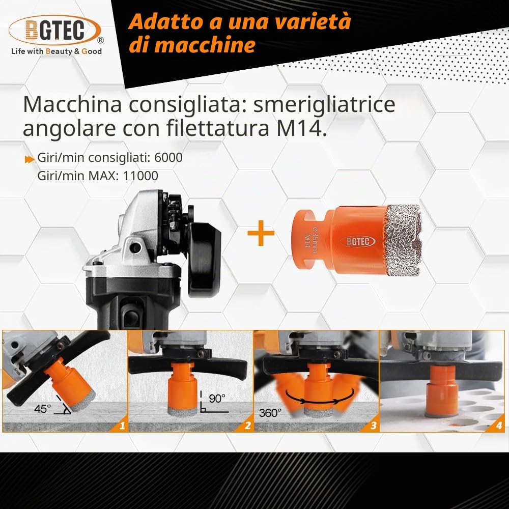 BGTEC - Set di 4 punte per trapano diamantate a secco, per piastrelle in porcellana, ceramica, marmo, mattoni, filettatura M14, 25/35/50/68 mm